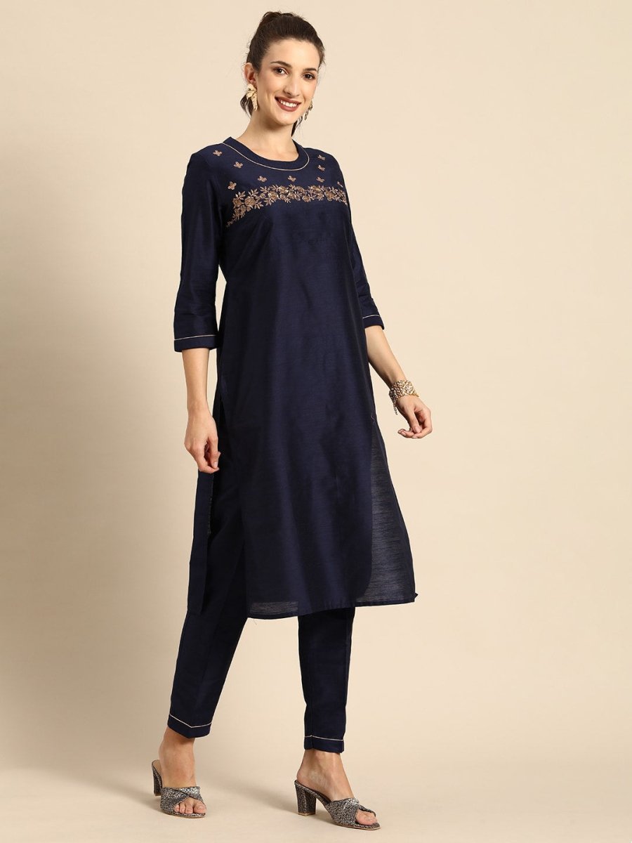 All About You Women Navy Blue Floral Thread Work Kurta with Trousers & With Dupatta | Grocsy