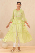 Juniper Women Green Chiffon Embroidered Tiered Kurta | Grocsy