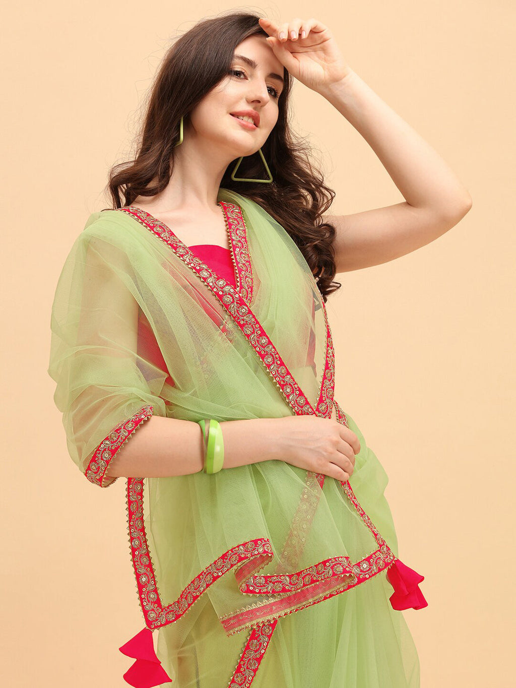 Sangria Green & Red Embroidered Net Saree | Grocsy