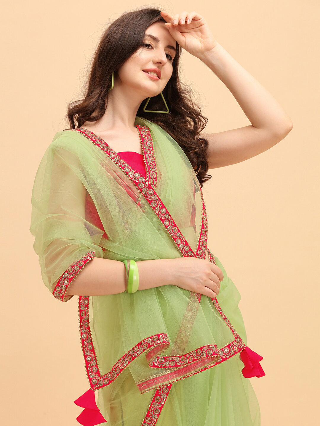 Sangria Green & Red Embroidered Net Saree | Grocsy
