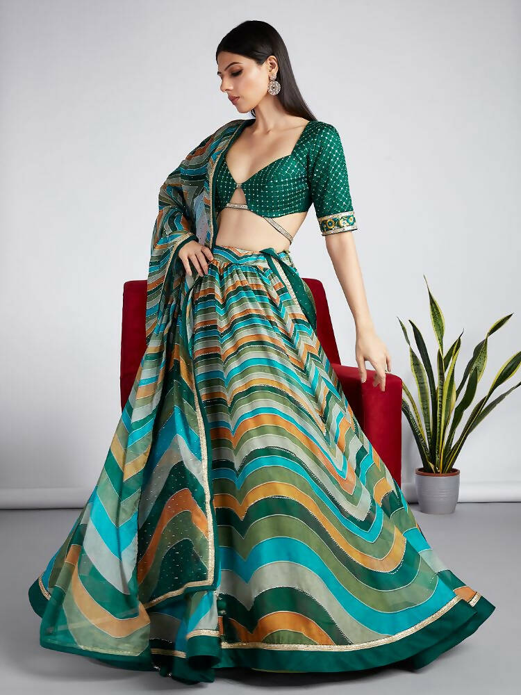 House of Panchhi Green Organza Siroski Stone Work Leheriya Print Lehenga Choli & Dupatta | Grocsy