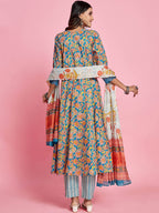 Sangria Blue Floral Printed Thread Work A-Line Kurta & Trouser With Dupatta | Grocsy