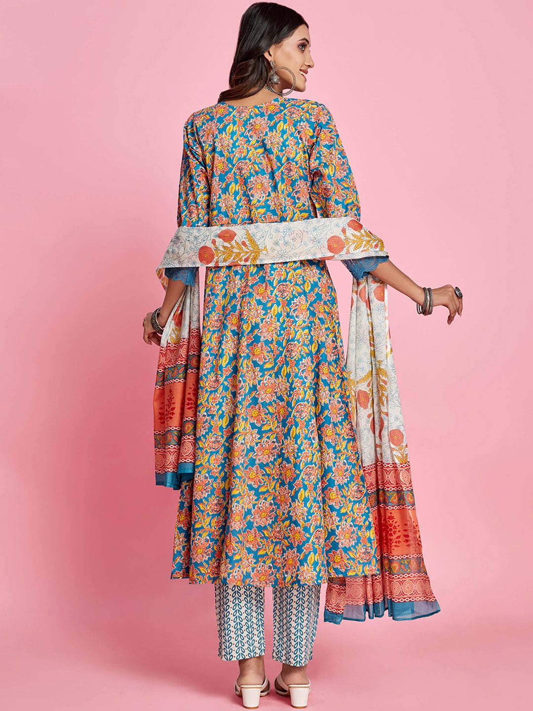 Sangria Blue Floral Printed Thread Work A-Line Kurta & Trouser With Dupatta | Grocsy