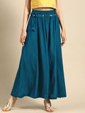 TAG 7 Women Teal Blue Solid Flared Palazzos | Grocsy