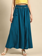 TAG 7 Women Teal Blue Solid Flared Palazzos | Grocsy