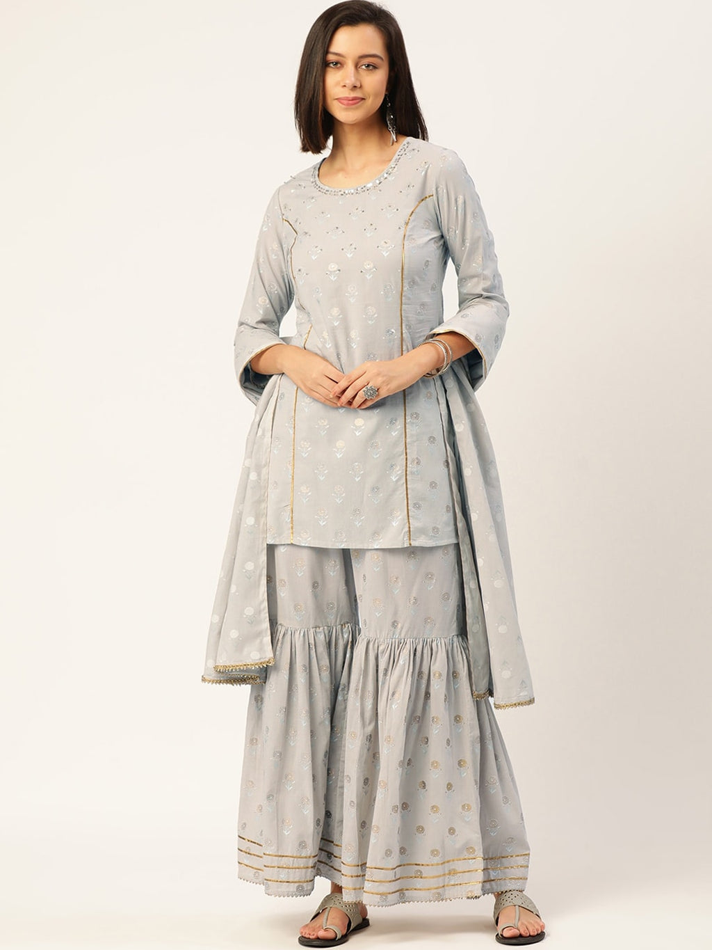 HERE&NOW Women Grey Floral Printed Panelled Gotta Patti Pure Cotton Kurti with Sharara With Dupatta | Grocsy