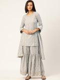 HERE&NOW Women Grey Floral Printed Panelled Gotta Patti Pure Cotton Kurti with Sharara With Dupatta | Grocsy