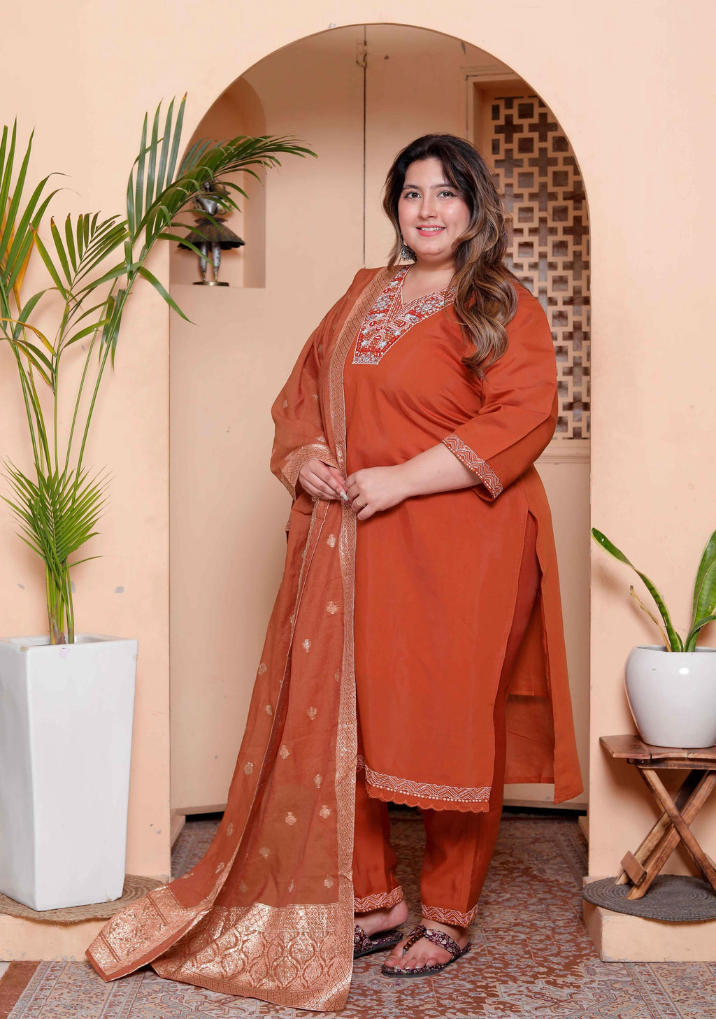 Miravan Women's Plus Size Orange Embroidered Straight Kurta with Palazzo and Dupatta set | Grocsy