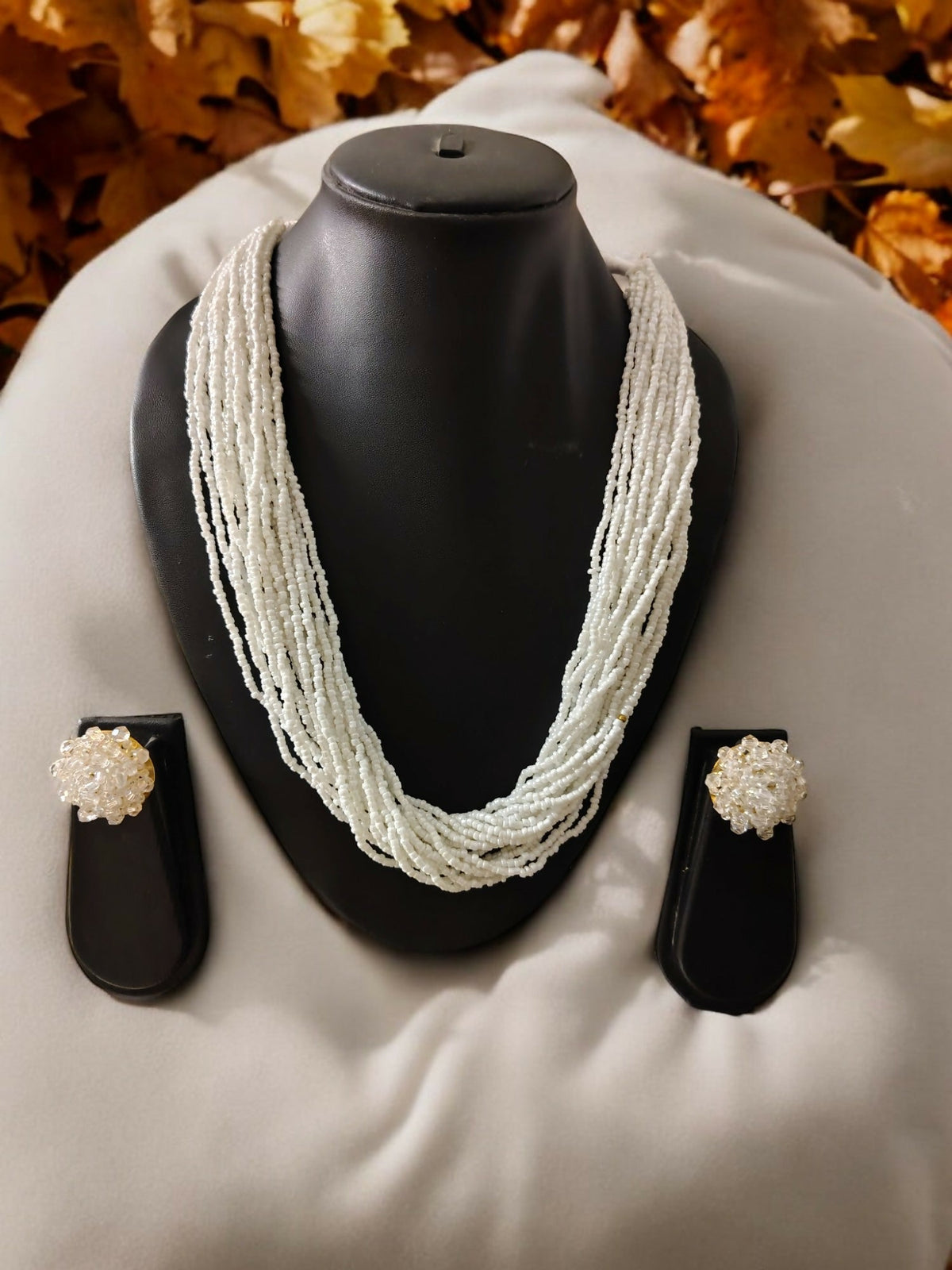 Inhanns Vibrant Handmade 20 Layers Beaded Necklace With Matching Earrings - White Pending | Grocsy