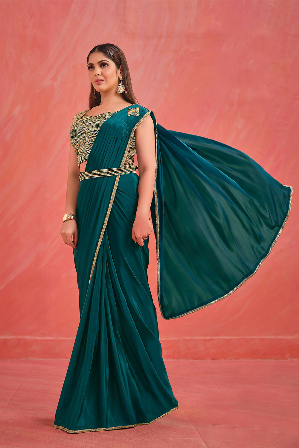 Light Teal Crepe Silk Georgette Jari, Sequence & Moti Work Saree With Stitched Blouse - Mohmanthan Elegancia | Grocsy
