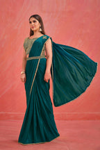 Light Teal Crepe Silk Georgette Jari, Sequence & Moti Work Saree With Stitched Blouse - Mohmanthan Elegancia | Grocsy