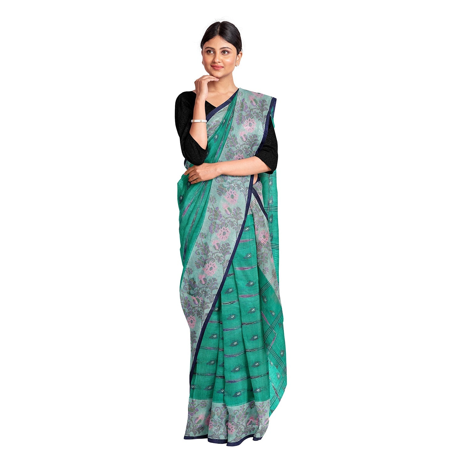 Exclusive Collection 100% Pure Cotton Green Tant Saree With Hand Weaving Work | Grocsy