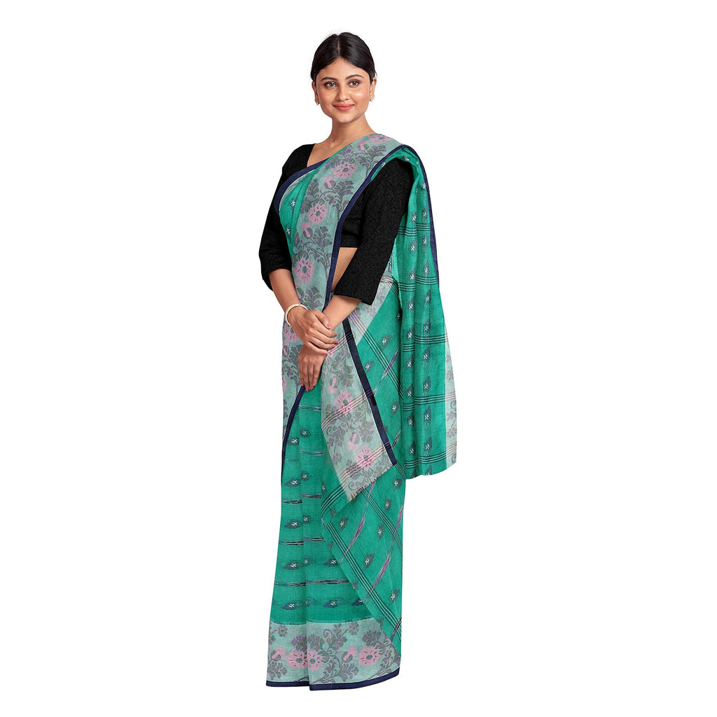 Exclusive Collection 100% Pure Cotton Green Tant Saree With Hand Weaving Work | Grocsy