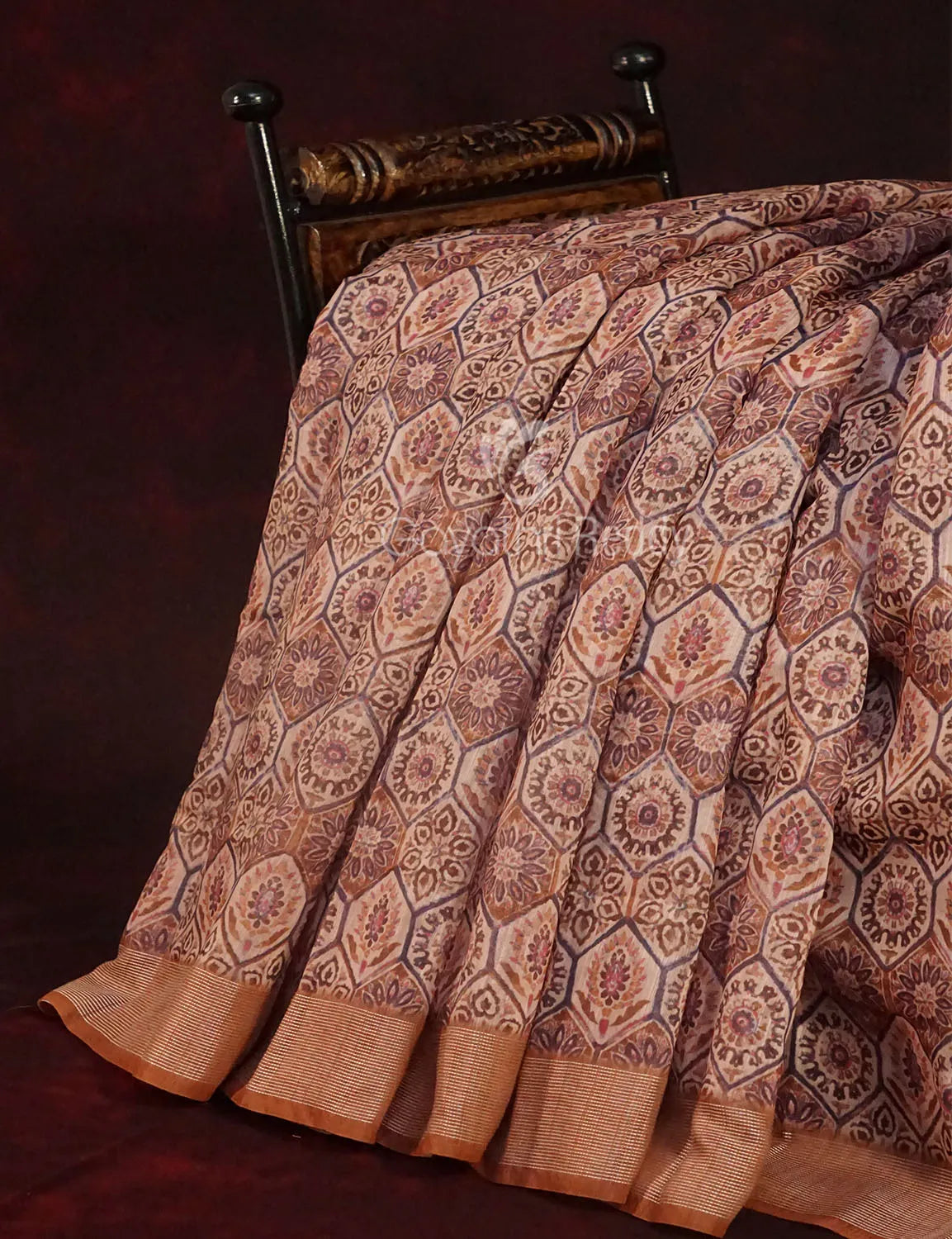 Wheat Colour All Over Print Semi Chanderi Saree By Gayathri Reddy Designer Studio | Grocsy