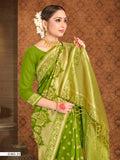 Vardha Pear Green Zari Floral Woven Banarasi Saree | Grocsy