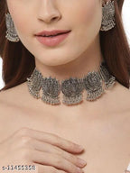 Tehzeeb Creations Women's Silver Colour Oxidised Lotus Design Necklace Set - Swadesiicart