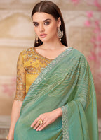 Vegaa Fashion Green Yellow Embroidered Traditional Wedding Saree | Grocsy