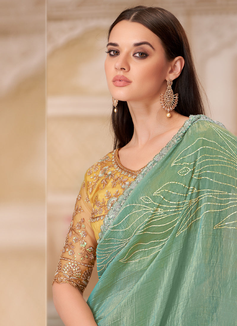 Vegaa Fashion Green Yellow Embroidered Traditional Wedding Saree | Grocsy
