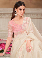 Vegaa Fashion Ivory Pink Embroidered Traditional Wedding Saree | Grocsy