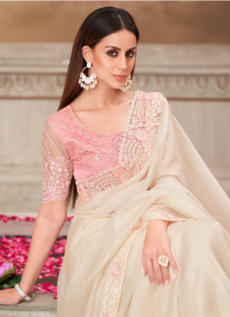 Vegaa Fashion Ivory Pink Embroidered Traditional Wedding Saree | Grocsy