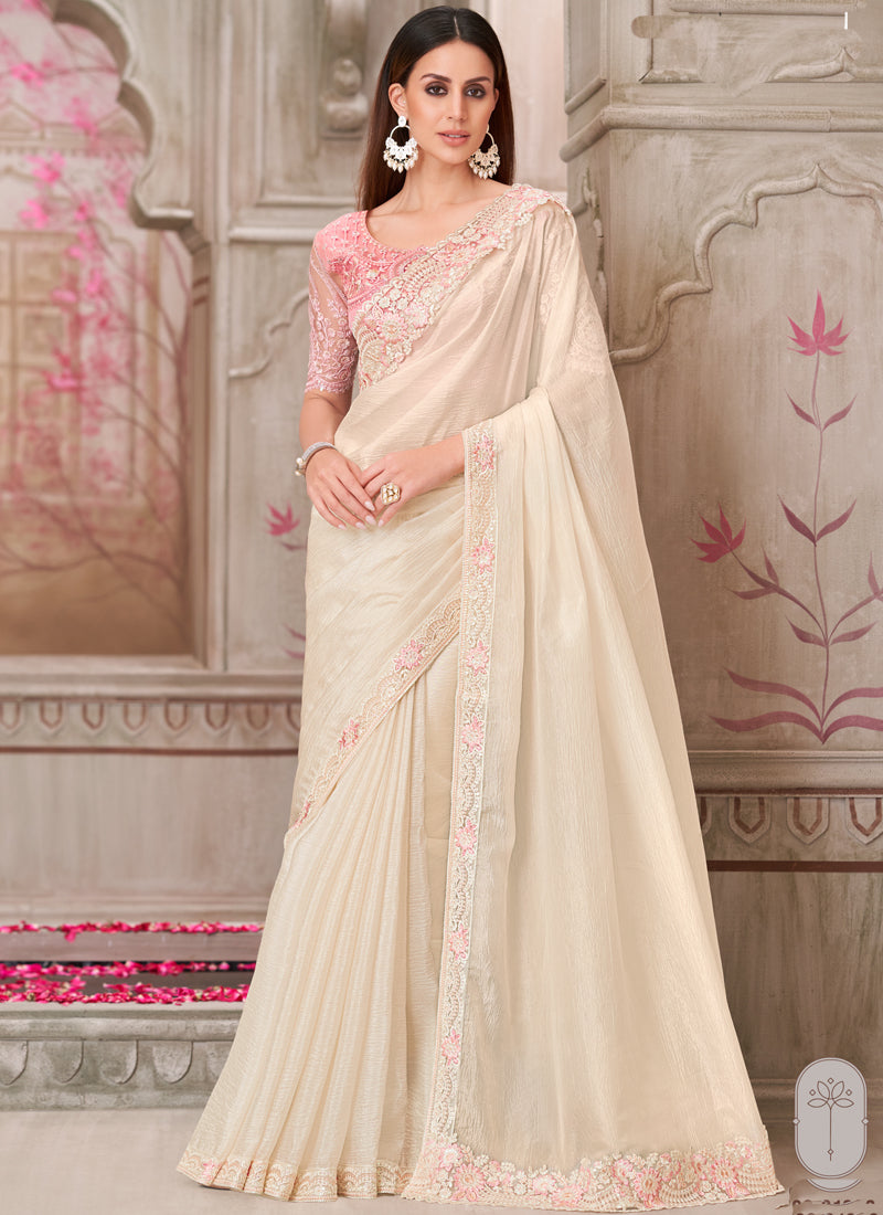 Vegaa Fashion Ivory Pink Embroidered Traditional Wedding Saree | Grocsy