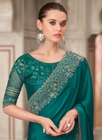 Vegaa Fashion Peacock Green Embroidered Traditional Wedding Saree | Grocsy
