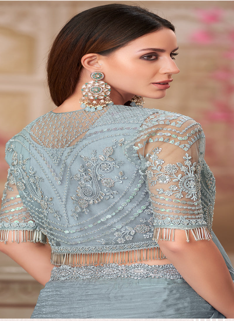 Vegaa Fashion Silver Grey Embroidered Traditional Wedding Saree | Grocsy