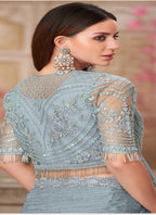 Vegaa Fashion Silver Grey Embroidered Traditional Wedding Saree | Grocsy