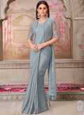 Vegaa Fashion Silver Grey Embroidered Traditional Wedding Saree | Grocsy