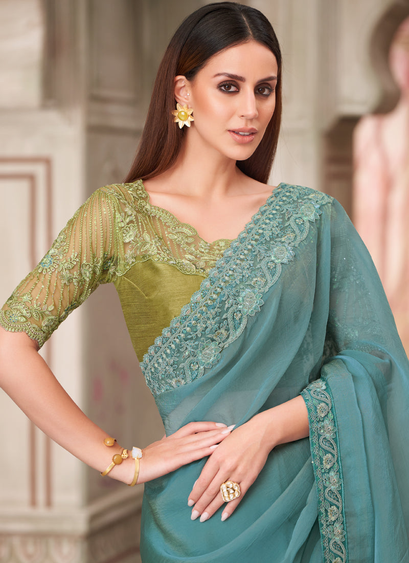 Vegaa Fashion Teal Green Embroidered Traditional Wedding Saree | Grocsy