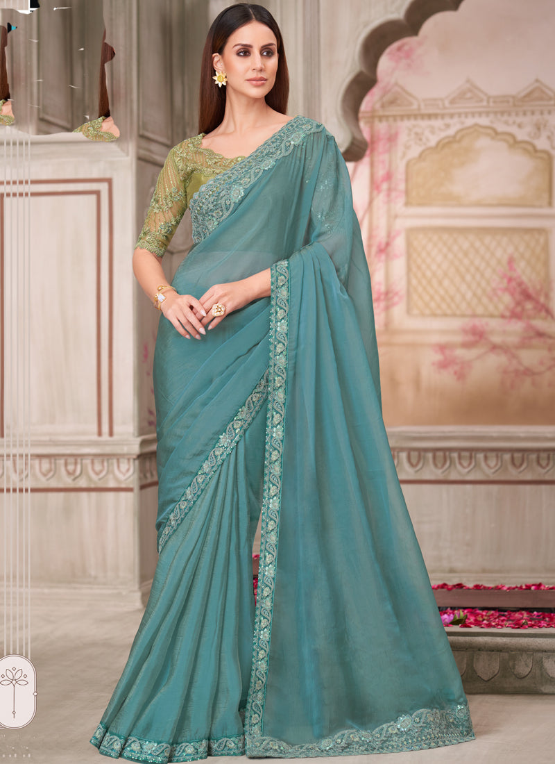 Vegaa Fashion Teal Green Embroidered Traditional Wedding Saree | Grocsy