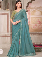 Vegaa Fashion Teal Green Embroidered Traditional Wedding Saree | Grocsy