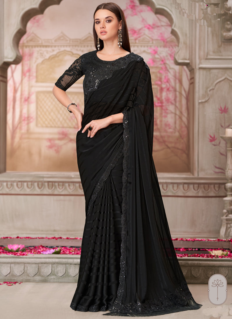 Vegaa Fashion Black Sequence Embroidered Traditional Wedding Saree | Grocsy