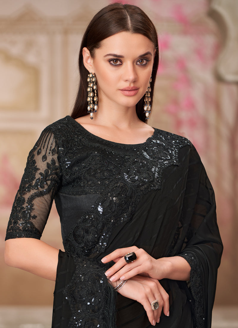 Vegaa Fashion Black Sequence Embroidered Traditional Wedding Saree | Grocsy