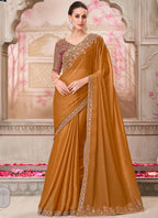 Vegaa Fashion Golden Red Embroidered Traditional Wedding Saree | Grocsy