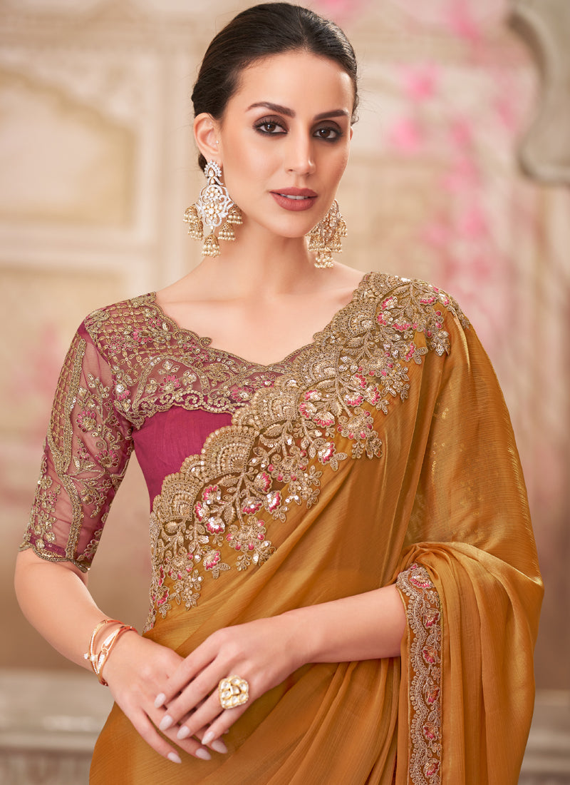 Vegaa Fashion Golden Red Embroidered Traditional Wedding Saree | Grocsy