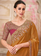 Vegaa Fashion Golden Red Embroidered Traditional Wedding Saree | Grocsy