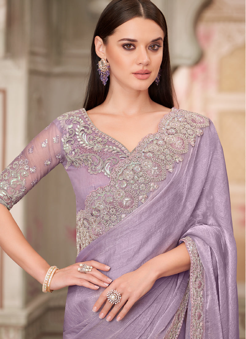 Vegaa Fashion Lavender Embroidered Traditional Wedding Saree | Grocsy