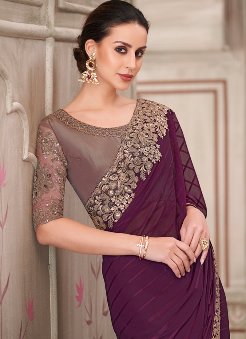 Vegaa Fashion Wine Embroidered Traditional Wedding Saree | Grocsy