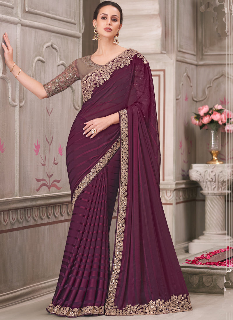 Vegaa Fashion Wine Embroidered Traditional Wedding Saree | Grocsy