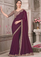 Vegaa Fashion Wine Embroidered Traditional Wedding Saree | Grocsy