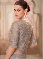 Vegaa Fashion Grey Embroidered Traditional Wedding Saree | Grocsy