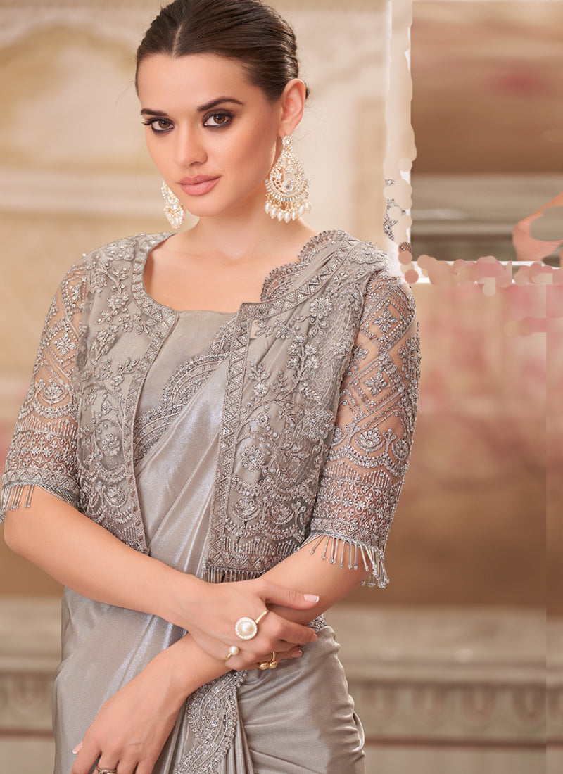 Vegaa Fashion Grey Embroidered Traditional Wedding Saree | Grocsy