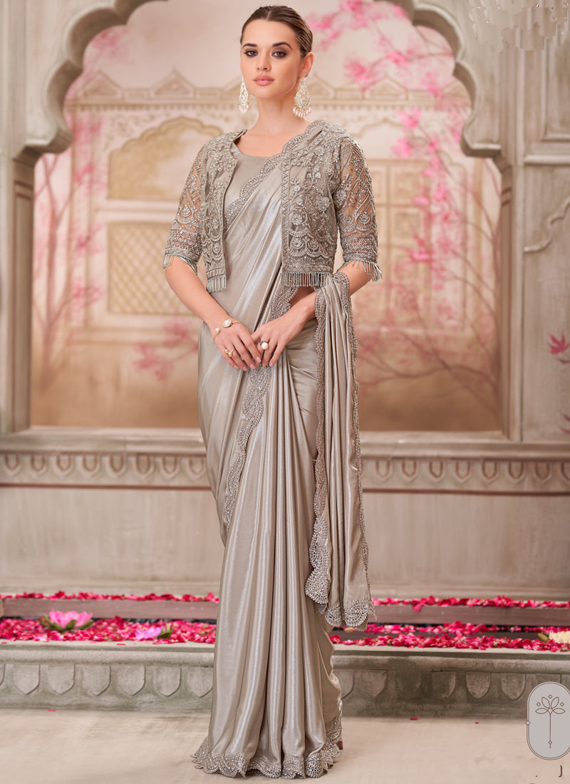 Vegaa Fashion Grey Embroidered Traditional Wedding Saree | Grocsy