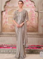 Vegaa Fashion Grey Embroidered Traditional Wedding Saree | Grocsy
