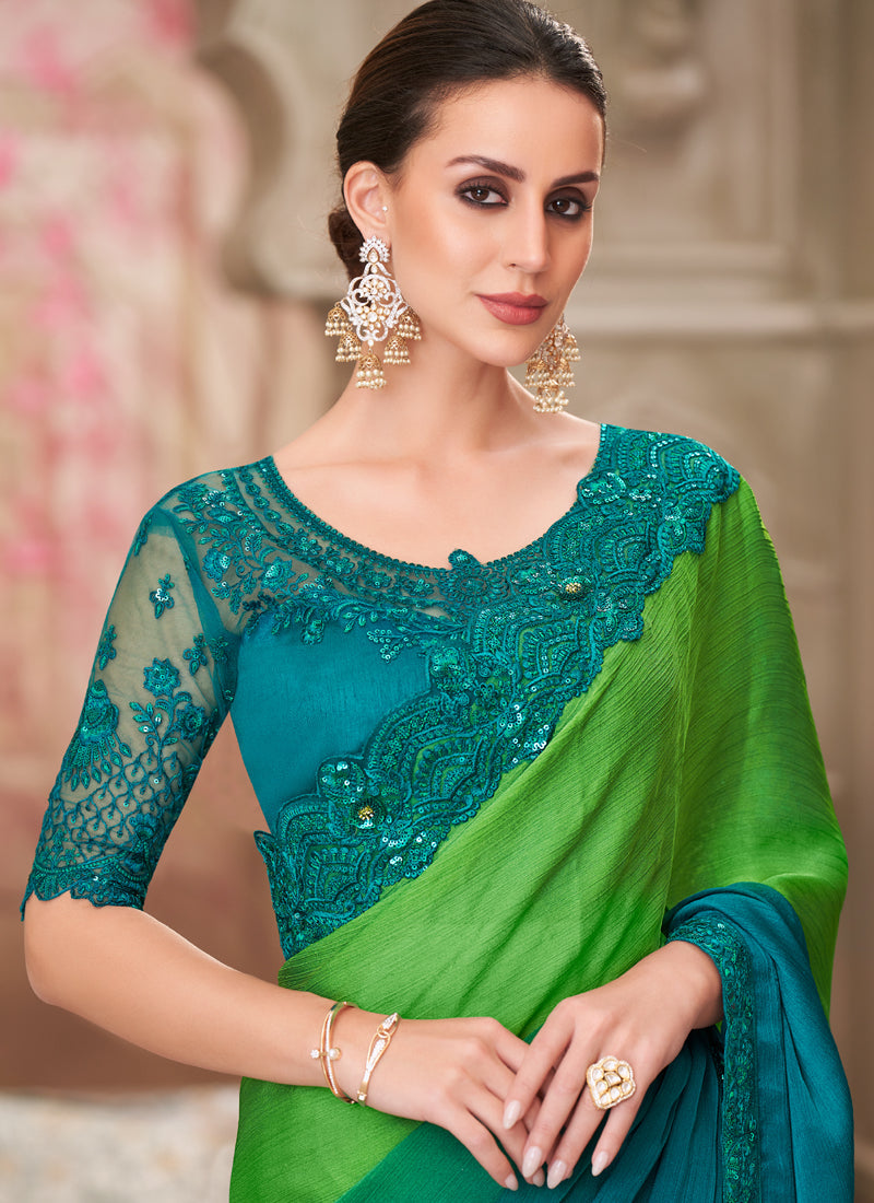 Vegaa Fashion Green And Blue Embroidered Traditional Wedding Saree | Grocsy