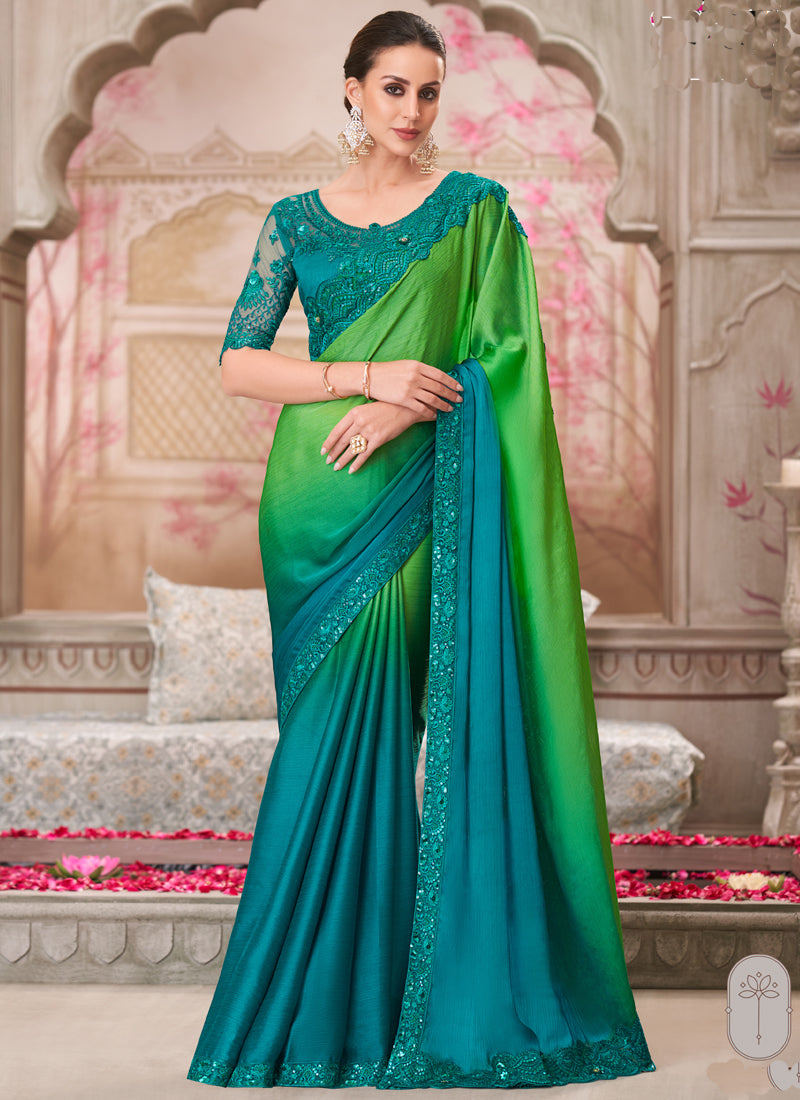 Vegaa Fashion Green And Blue Embroidered Traditional Wedding Saree | Grocsy
