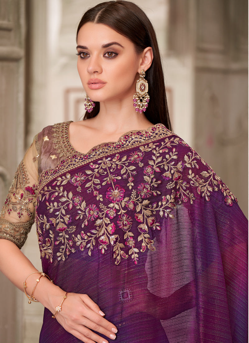 Vegaa Fashion Purple Sequin Embroidered Traditional Wedding Saree | Grocsy