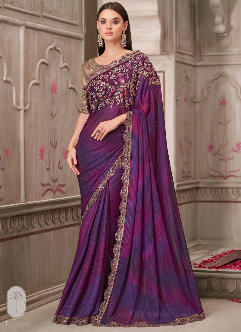 Vegaa Fashion Purple Sequin Embroidered Traditional Wedding Saree | Grocsy