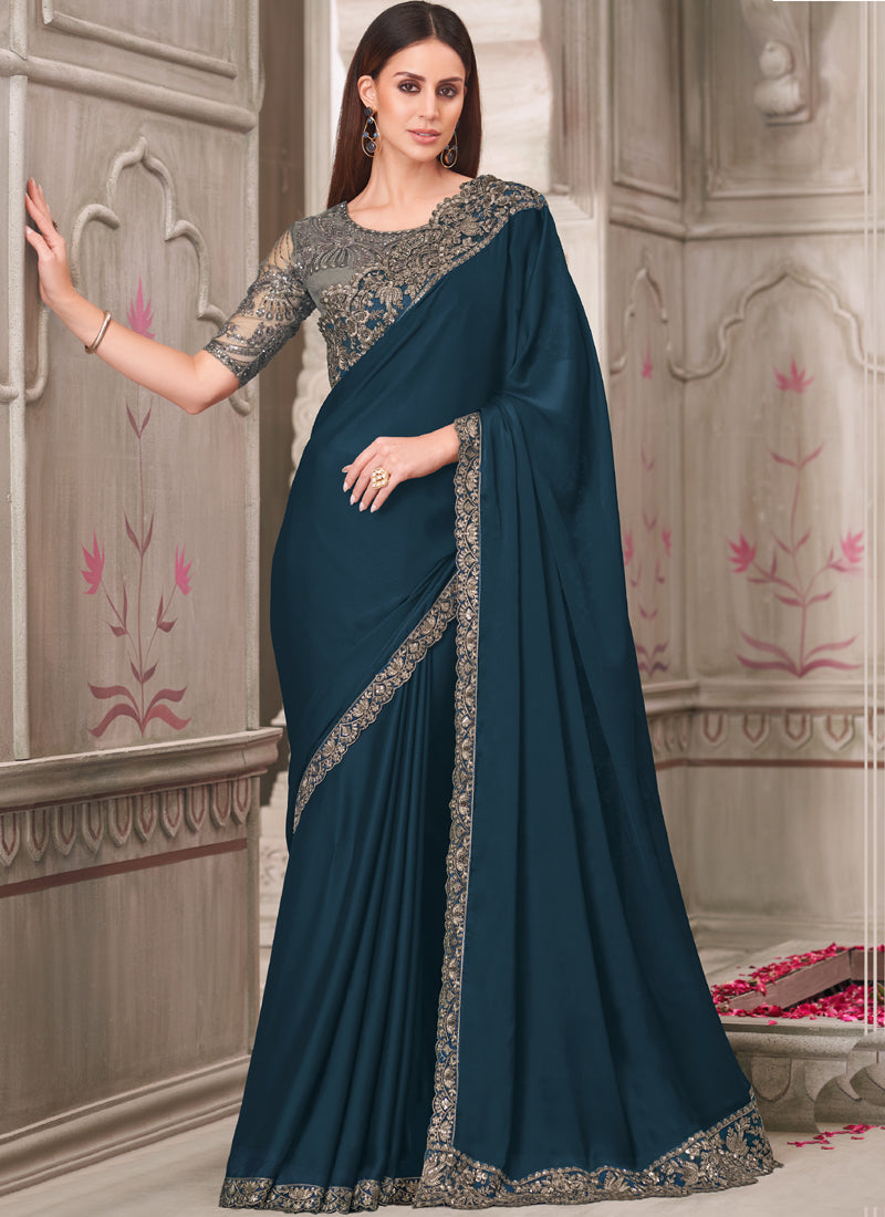 Vegaa Fashion Turquoise Embroidered Traditional Wedding Saree | Grocsy